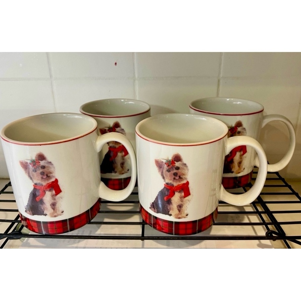 FOUR Celtic Canines Yorkie Mug Dog Christmas Coffee Tea Plaid 16oz Yorkshire